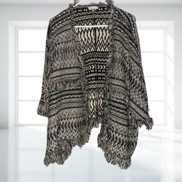 AVALIN Boho Chic Fringe Open Knit Cardigan Sweater Jacket | Black Cream Aztec Ta - Picture 2 of 7